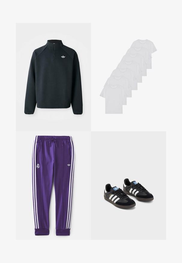 Black quarter-zip sweatshirt made of soft fabric, featuring raglan sleeves and white logo on the chest. Cuffs are elasticized.; White cotton T-shirts, short sleeves, crew neck design, plain texture, stacked in a row, with subtle branding at the neckline.; Purple athletic pants with white side stripes, elastic waistband, drawstring, zippered pockets, and two logos: Real Madrid and Adidas.; Black sneakers with a suede and synthetic upper, featuring three white stripes, textured rubber sole, and blue logo tag on the tongue.