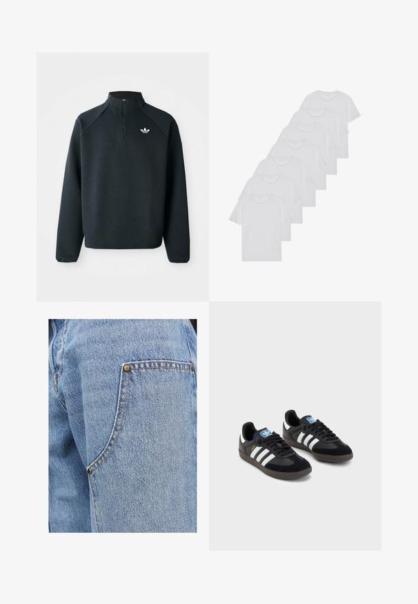 Čierna mikina so štvrťovým zipsom vyrobená z mäkkej tkaniny, s raglánovými rukávmi a bielym logom na hrudi. Rukávy sú elastické.; Biele bavlnené trička, krátke rukávy, dizajn s okrúhlym výstrihom, hladká textúra, naskladané v rade, so subtilným brandingom na výstrihu.; Svetlomodré deninové nohavice s kontrastným šitím, predným vreckom zvýrazneným kovovými nitmi a jemným, textúrovaným povrchom.; Čierne tenisky so zvrškom z semišu a syntetického materiálu, s tromi bielymi pruhmi, štruktúrovanou gumovou podrážkou a modrou logovou etiketou na jazyku.