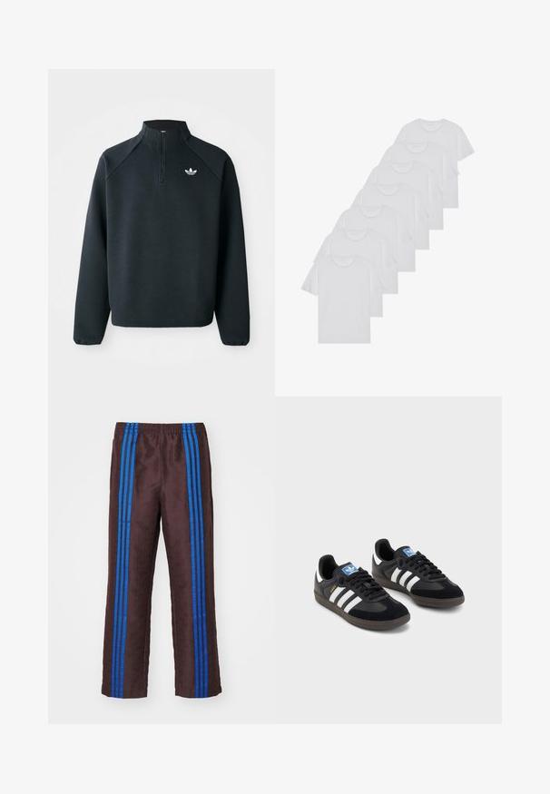 Zwarte kwart-zip sweatshirt gemaakt van zachte stof, met raglanmouwen en een wit logo op de borst. De manchet is elastisch.; Witte katoenen T-shirts, korte mouwen, ronde halsontwerp, eenvoudige textuur, gestapeld in een rij, met subtiele branding bij de hals.; Bruine gestippelde broek met een textuurafwerking, voorzien van twee verticale blauwe strepen langs de zijkanten en een elastische tailleband.; Zwarte sneakers met een bovenwerk van suède en synthetisch materiaal, voorzien van drie witte strepen, een gestructureerde rubberen zool en een blauw logo-label op de tong.