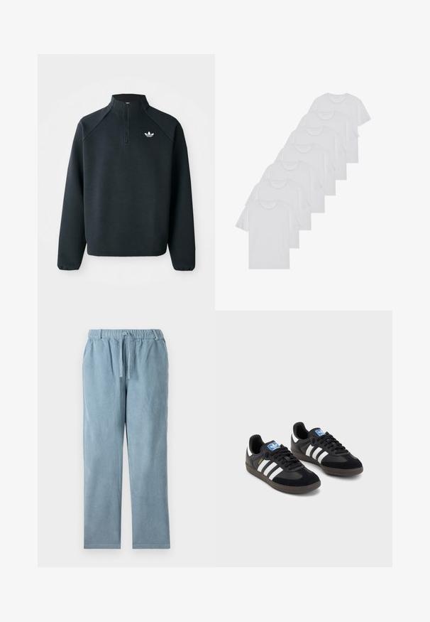 Zwarte kwart-zip sweatshirt gemaakt van zachte stof, met raglanmouwen en een wit logo op de borst. De manchet is elastisch.; Witte katoenen T-shirts, korte mouwen, ronde halsontwerp, eenvoudige textuur, gestapeld in een rij, met subtiele branding bij de hals.; Lichtblauwe corduroybroek met een elastische tailleband, trekkoord, rechte pijp en geribbelde textuur. Geen zichtbare zakken.; Zwarte sneakers met een bovenwerk van suède en synthetisch materiaal, voorzien van drie witte strepen, een gestructureerde rubberen zool en een blauw logo-label op de tong.