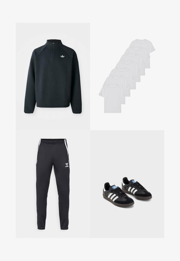 Sweatshirt preto com fecho de correr até ao peito, feito de um tecido suave, com mangas raglan e logótipo branco no peito. As mangas têm punhos elásticos.; T-shirts brancos de algodão, mangas curtas, design de gola redonda, com textura lisa, empilhados em fila, com uma marcação subtil na gola.; Calças desportivas pretas feitas de tecido liso, com riscas laterais brancas e um pequeno logotipo na coxa esquerda. Cintura elástica para um melhor ajuste.; Sneakers pretos com parte superior em camurça e sintético, apresentando três riscas brancas, sola de borracha texturizada e etiqueta azul no linguete.