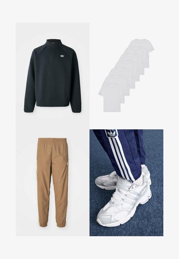 Čierna mikina so štvrťovým zipsom vyrobená z mäkkej tkaniny, s raglánovými rukávmi a bielym logom na hrudi. Rukávy sú elastické.; Biele bavlnené trička, krátke rukávy, dizajn s okrúhlym výstrihom, hladká textúra, naskladané v rade, so subtilným brandingom na výstrihu.; Hnedé teplákové nohavice vyrobené z ľahkej tkaniny, s elastickým pásom, zúženými nohavicami a bielymi bočnými pruhmi. Žiadne viditeľné vrecká.; Biele športové topánky s mesh vrchnou časťou a striebornými akcentmi, so šnúrkami a detailami loga, v kombinácii s námorníckymi športovými nohavicami s bielymi pruhmi.