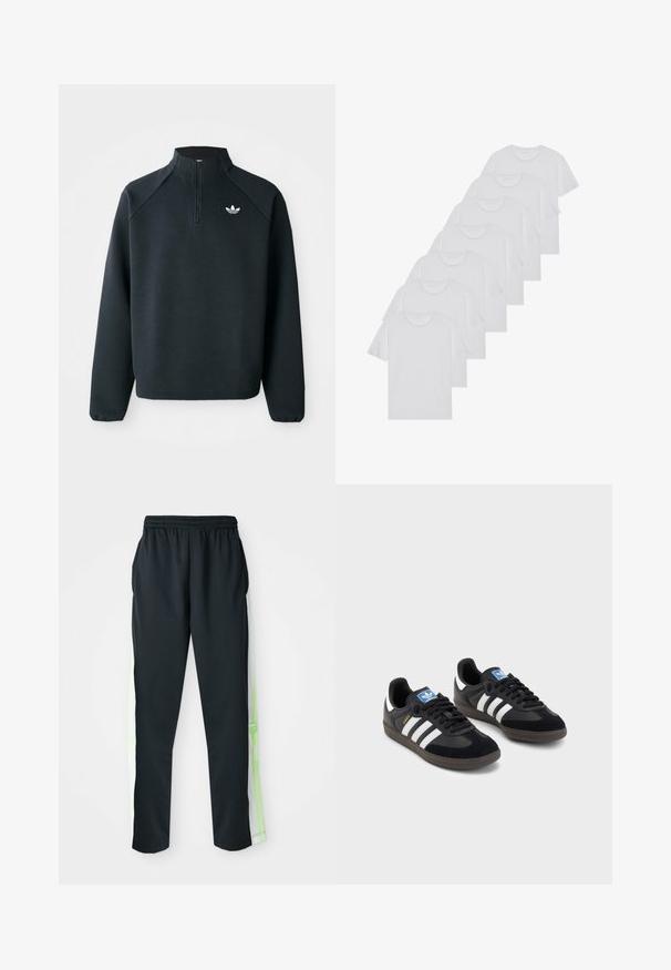 Czarna bluza z zipem do połowy wykonana z miękkiego materiału, z rękawami raglanowymi i białym logo na piersi. Rękawy są elastyczne.; Białe bawełniane koszulki, krótki rękaw, design z okrągłym dekoltem, gładka faktura, ułożone w rzędzie, z subtelnym logo przy dekolcie.; Czarne spodnie sportowe o luźnym kroju, z elastycznym paskiem w talii i białymi paskami po bokach z neonowymi zielonymi akcentami; gładki, lekki materiał.; Czarne sneakersy z zamszową i syntetyczną cholewką, wyposażone w trzy białe paski, teksturowaną gumową podeszwę oraz niebieską metkę z logo na języku.