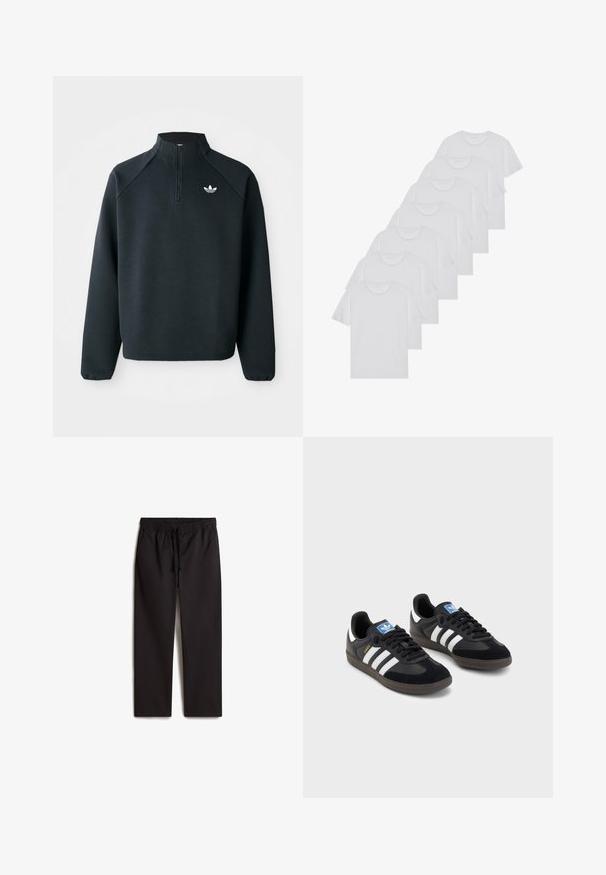 Zwarte kwart-zip sweatshirt gemaakt van zachte stof, met raglanmouwen en een wit logo op de borst. De manchet is elastisch.; Witte katoenen T-shirts, korte mouwen, ronde halsontwerp, eenvoudige textuur, gestapeld in een rij, met subtiele branding bij de hals.; Zwarte elastiсhe broek met een trekkoord in de taille; recht model; gladde textuur; met twee zijzakken.; Zwarte sneakers met een bovenwerk van suède en synthetisch materiaal, voorzien van drie witte strepen, een gestructureerde rubberen zool en een blauw logo-label op de tong.