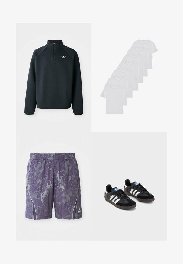 Μαύρο φούτερ με φερμουάρ μέχρι το μισό, φτιαγμένο από μαλακό ύφασμα, με ραγκλάν μανίκια και λευκό λογότυπο στο στήθος. Οι μανσέτες είναι ελαστικές.; Λευκά βαμβακερά T-shirts, κοντά μανίκια, σχέδιο με λαιμόκοψη, απλή υφή, στοιβαγμένα σε σειρά, με διακριτική επωνυμία στον λαιμό.; Μωβ αθλητικές βερμούδες με αφηρημένα ασημένια σχέδια, ελαστική μέση, πλαϊνές ραφές και το λογότυπο της Adidas στο κάτω δεξί πόδι.; Μαύρα αθλητικά παπούτσια με επάνω μέρος από σουέτ και συνθετικό υλικό, με τρεις λευκές ρίγες, υφασμάτινη σόλα από καουτσούκ και μπλε ταυτότητα λογότυπου στη γλώσσα.
