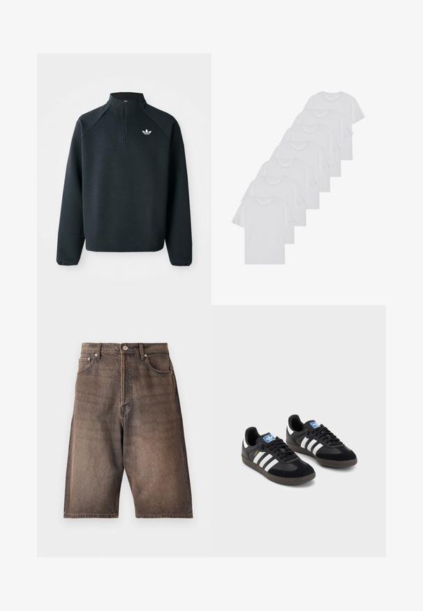 Fekete, negyedcipzáros pulóver, puha anyagból készült, raglán ujjakkal és fehér logóval a mellkason. Az ujjak rugalmasak.; Fehér pamut pólók, rövid ujjúak, kerek nyak kialakítással, sima textúrával, sorba rakva, diszkrét logóval a nyaknál.; Fakó barna színű farmer rövidnadrág egyenes szabással. Öt zsebbel, övhurkkal és gombos záródással a deréknál.; Fekete sportcipők, velúrból és szintetikus anyagból készült felsőrésszel, három fehér csíkkal, textúrázott gumitalppal és kék logó címkével a nyelvén.