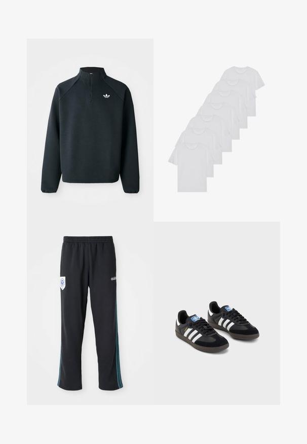 Zwarte kwart-zip sweatshirt gemaakt van zachte stof, met raglanmouwen en een wit logo op de borst. De manchet is elastisch.; Witte katoenen T-shirts, korte mouwen, ronde halsontwerp, eenvoudige textuur, gestapeld in een rij, met subtiele branding bij de hals.; Zwarte polyester sportbroeken met een elastische tailleband, met een blauw gestreepte zijdetail en een logo op de linkervoorheup.; Zwarte sneakers met een bovenwerk van suède en synthetisch materiaal, voorzien van drie witte strepen, een gestructureerde rubberen zool en een blauw logo-label op de tong.