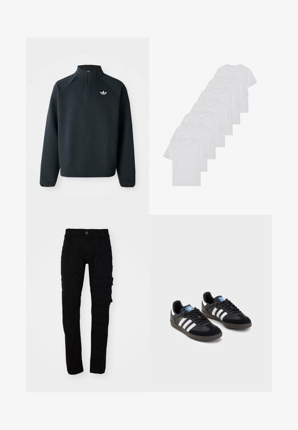 Must värvi neljandiku tõmblukuga jakke, mis on valmistatud pehmest kangast, raganlasleevidega ja valge logoga rinnal. Varrukate äärised on elastsed.; Valge puuvillane T-särk, lühikeste varrukatega, ümar neel, ühtlane tekstuur, reastatud kuhjale, kaeluses peene brändinguga.; Mustad mustad püksid, kitsas lõige, valmistatud vastupidavast puuvillaste kangast. Omab mitmeid taskuid ja nööbiga kinnitust taljes.; Mustad tossud, mille pealseks on seemisnahk ja sünteetilised materjalid, kolme valge triibuga, tekstureeritud kummitald ja sinine logo silt keele peal.