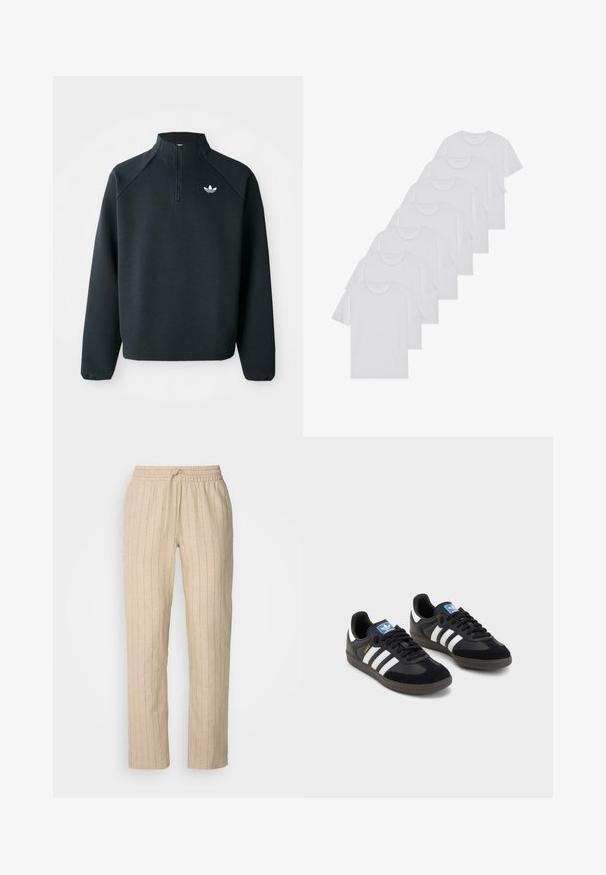Svart quarter-zip hettegenser laget av mykt stoff, med raglanermer og hvit logo på brystet. Ermelinjene er elastiske.; Hvite bomulls T-skjorter, korte ermer, rund hals-design, enkel tekstur, stablet i en rekke, med subtil merking ved halsen.; Beige linbukser med vertikale striper, med elastisk livlinje og snor, rett ben-design, og glatt tekstur.; Svarte sneakers med overdel i semsket lær og syntetisk materiale, med tre hvite striper, strukturert gummisåle og blå logoetikett på tungen.