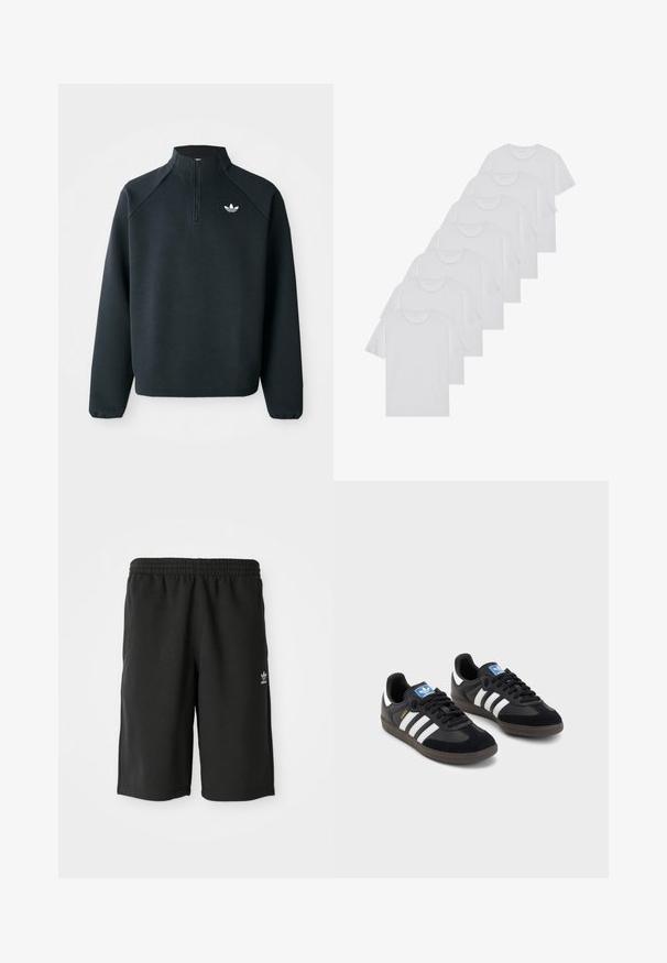Črna pulover s četrt zadrgo, izdelan iz mehkega blaga, z raglan rokavi in belim logotipom na prsih. Manšete so elastične.; Beli bombažni T-majici, kratki rokavi, krožni izrez, enostavna tekstura, zloženi v vrsto, s subtilnim logotipom na vratu.; Črne bombažne kratke hlače z elastiko v pasu, stranskimi šivi in majhnim belim logotipom na levi nogi. Gladka tekstura, model do kolen.; Črne športne copate z zgornjim delom iz semiša in sintetičnih materialov, ki imajo tri bele črte, teksturiran gumijast podplat in modro označevalno oznako na jeziku.