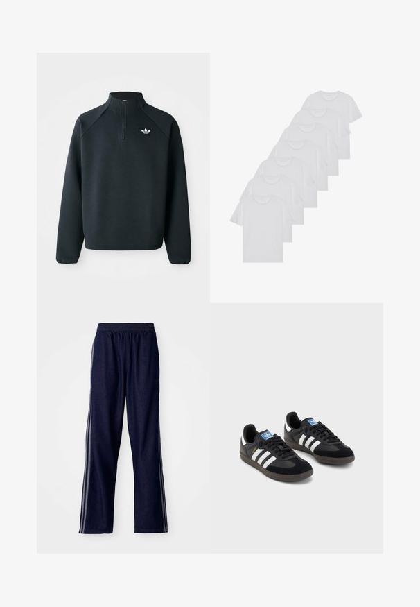 Melna puszipa mīksta auduma krekls ar raglan piedurknēm un balto logotipu uz krūtīm. Piedurknes ir elastīgas.; Baltie kokvilnas T-krekli, īsas piedurknes, apaļas izgriezuma dizains, vienkārša tekstūra, sakrauti rindā, ar smalku zīmolu pie kakla izgriezuma.; Jūras zila sporta bikses ar elastīgu jostu, ar trim baltām sānu svītrām un taisnu kāju dizainu. Mīksta džinsu tekstūra.; Melnas sporta apavas ar zamšādas un sintētisku augšdaļu, ar trim baltām svītrām, teksturētu gumijas zoli un zilu logo birku uz mēles.