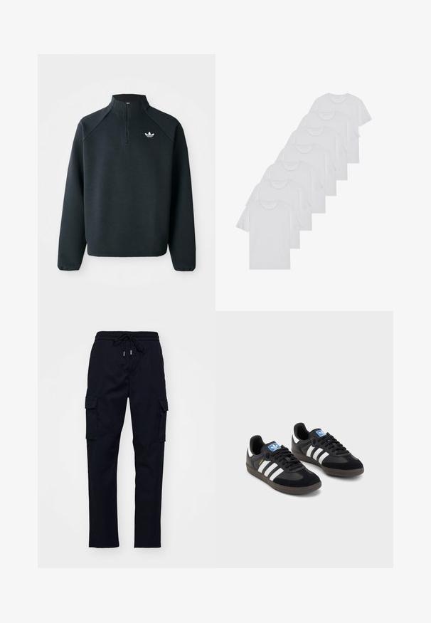 Schwarzer Quarter-Zip-Sweatshirt aus weichem Material, mit Raglanärmeln und einem weißen Logo auf der Brust. Die Bündchen sind elastisch.; Weiße Baumwoll-T-Shirts, kurze Ärmel, Rundhals-Design, schlichte Textur, in einer Reihe gestapelt, mit dezentem Branding am Hals.; Schwarze Cargo-Hosen mit elastischem Bund, Kordelzug und zwei Seitentaschen. Glattes Material mit schmal zulaufendem Bein.; Schwarze Sneaker mit einem Obermaterial aus Wildleder und Synthetik, ausgestattet mit drei weißen Streifen, einer strukturierten Gummi-Sohle und einem blauen Logo-Tag auf der Zunge.