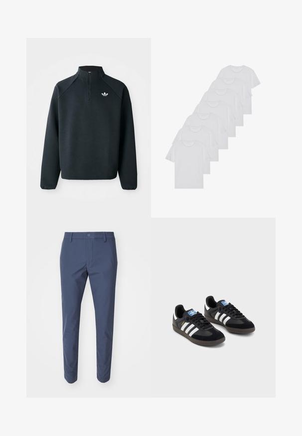 Svart quarter-zip hettegenser laget av mykt stoff, med raglanermer og hvit logo på brystet. Ermelinjene er elastiske.; Hvite bomulls T-skjorter, korte ermer, rund hals-design, enkel tekstur, stablet i en rekke, med subtil merking ved halsen.; Marineblå bukser laget av glatt stoff, med knappelukking og innsvingt design. Flat front uten synlige mønstre eller aksenter.; Svarte sneakers med overdel i semsket lær og syntetisk materiale, med tre hvite striper, strukturert gummisåle og blå logoetikett på tungen.