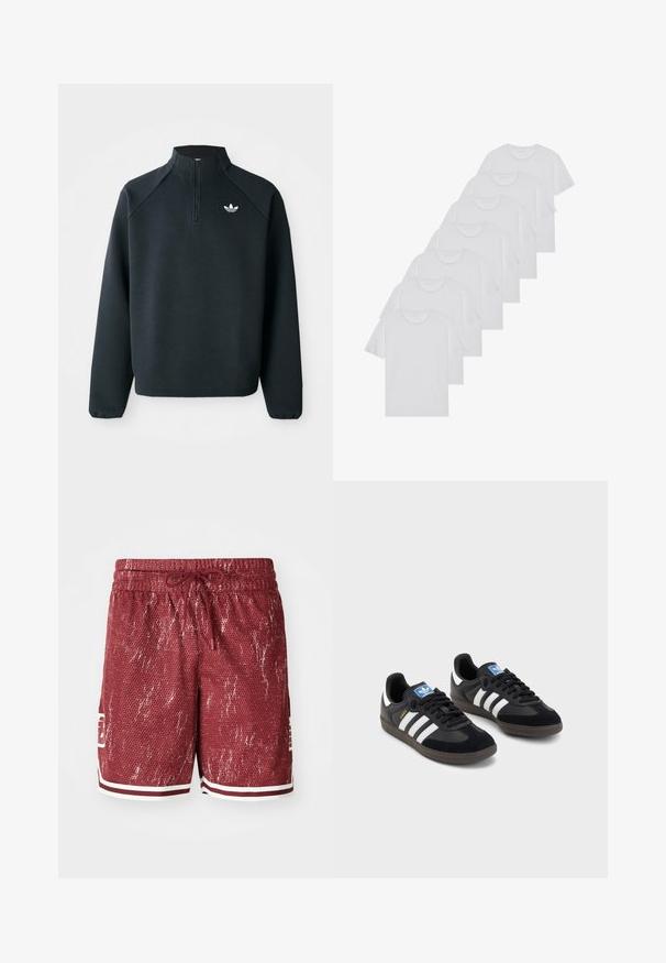 Svart quarter-zip hettegenser laget av mykt stoff, med raglanermer og hvit logo på brystet. Ermelinjene er elastiske.; Hvite bomulls T-skjorter, korte ermer, rund hals-design, enkel tekstur, stablet i en rekke, med subtil merking ved halsen.; Røde netshorts med et teksturert mønster, hvite detaljer og snøring i livet. Har sidelommer og en logo på venstre ben.; Svarte sneakers med overdel i semsket lær og syntetisk materiale, med tre hvite striper, strukturert gummisåle og blå logoetikett på tungen.