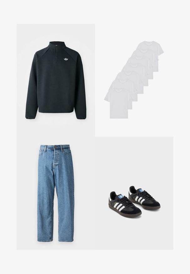 Crni dukserica s četvrtim zatvaračem izrađena od mekog materijala, s raglan rukavima i bijelim logotipom na prsima. Manžetne su elastične.; Bijele pamučne majice, kratki rukavi, dizajn s okruglim izrezom, jednostavne teksture, složene u red, s suptilnim brendiranjem na izrezu.; Svijetloplave traperice s širokim krojem, koje imaju kopčanje na dugme, pet džepova i minimalno izbjeljivanje za čist izgled. Klasičan kroj nogavica s sužavanjem.; Crne tenisice s gornjim dijelom od antilopa i sintetičkog materijala, s tri bijele pruge, teksturiranom gumenom potplatom i plavom oznakom na jeziku.