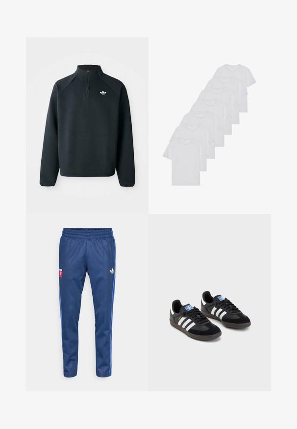 Svart kvartdraget sweatshirt i mjukt tyg, med raglanärmar och vitt logo på bröstet. Ärmarna har elastiska muddar.; Vita bomull T-shirts, korta ärmar, rundad halsdesign, slät textur, staplade i en rad, med subtil branding vid halsringningen.; Marina trackbyxor i slätt tyg med elastisk midjelinning, blå sidosträck och en gyllene Adidas-logotyp på vänster höft.; Svarta sneakers med övre del av mocka och syntetmaterial, med tre vita ränder, texturerad gummisula och blå logotags på tungan.