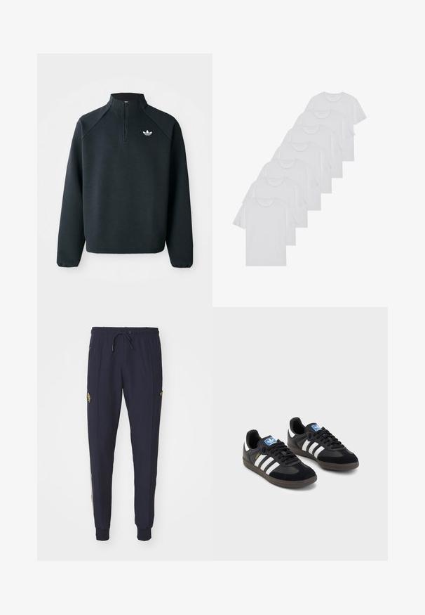 Melna puszipa mīksta auduma krekls ar raglan piedurknēm un balto logotipu uz krūtīm. Piedurknes ir elastīgas.; Baltie kokvilnas T-krekli, īsas piedurknes, apaļas izgriezuma dizains, vienkārša tekstūra, sakrauti rindā, ar smalku zīmolu pie kakla izgriezuma.; Jūras zilas sporta bikses, izgatavotas no mīksta auduma, ar sānu kabatām, ribotām aprocēm un logotipa detalizāciju uz augšstilba. Elastīgs jostasvīrs ar auklu.; Melnas sporta apavas ar zamšādas un sintētisku augšdaļu, ar trim baltām svītrām, teksturētu gumijas zoli un zilu logo birku uz mēles.