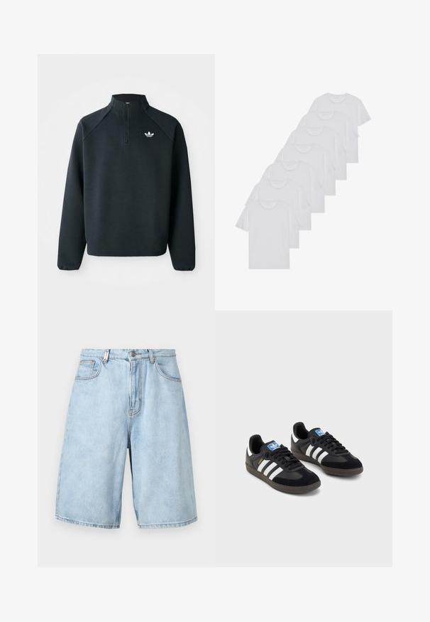 Sweat-shirt noir à zip quart en tissu doux, avec des manches raglan et un logo blanc sur la poitrine. Les poignets sont élastiques.; T-shirts en coton blanc, à manches courtes, design col rond, texture uniforme, empilés en rangée, avec un logo subtil au niveau de l'encolure.; Shorts en denim bleu clair avec une coupe décontractée, dotés de deux poches avant, d'un zip et de coutures apparentes.; Des baskets noires avec une tige en suède et en matériaux synthétiques, dotées de trois rayures blanches, d'une semelle en caoutchouc texturé et d'une étiquette de logo bleue sur la languette.