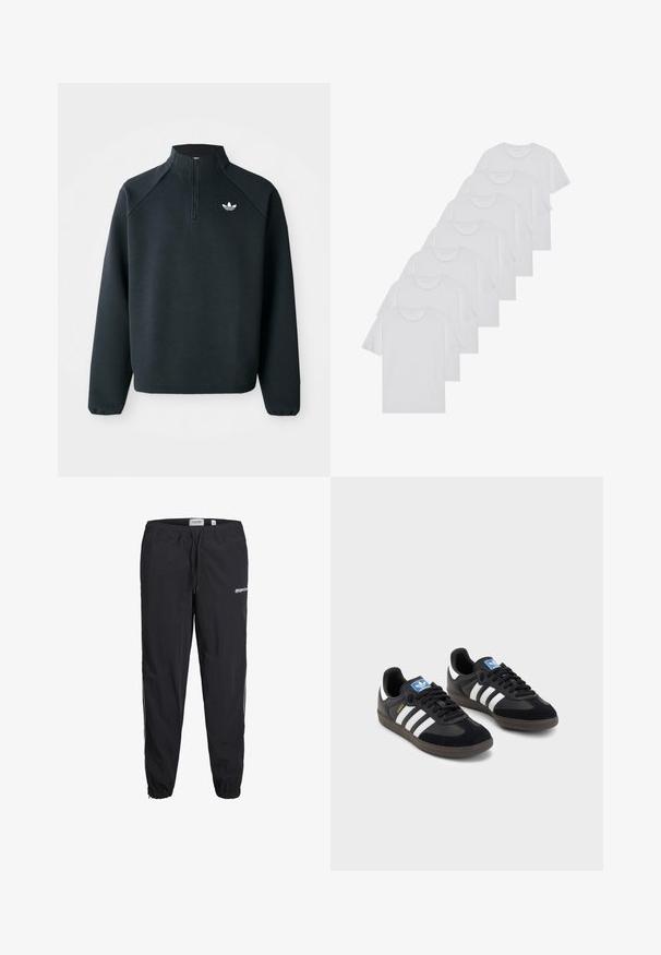 Black quarter-zip sweatshirt made of soft fabric, featuring raglan sleeves and white logo on the chest. Cuffs are elasticized.; White cotton T-shirts, short sleeves, crew neck design, plain texture, stacked in a row, with subtle branding at the neckline.; Black athletic pants with an elastic waistband, drawstring, and cuffed ankles. Features logo on the front and contrasting side stripes.; Black sneakers with a suede and synthetic upper, featuring three white stripes, textured rubber sole, and blue logo tag on the tongue.