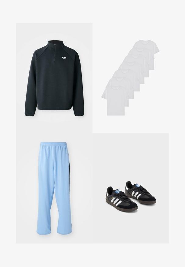 Felpa nera a mezza zip realizzata in tessuto morbido, con maniche raglan e logo bianco sul petto. I polsini sono elasticizzati.; T-shirt bianchi in cotone, maniche corte, design a collo tondo, texture liscia, impilati in fila, con un sottile marchio all'altezza del collo.; Pantaloni sportivi azzurri chiari realizzati in tessuto morbido, con vita elasticizzata e strisce laterali nere a contrasto.; Sneakers neri con tomaia in suede e materiale sintetico, caratterizzati da tre strisce bianche, suola in gomma testurizzata e etichetta blu sul linguetta.