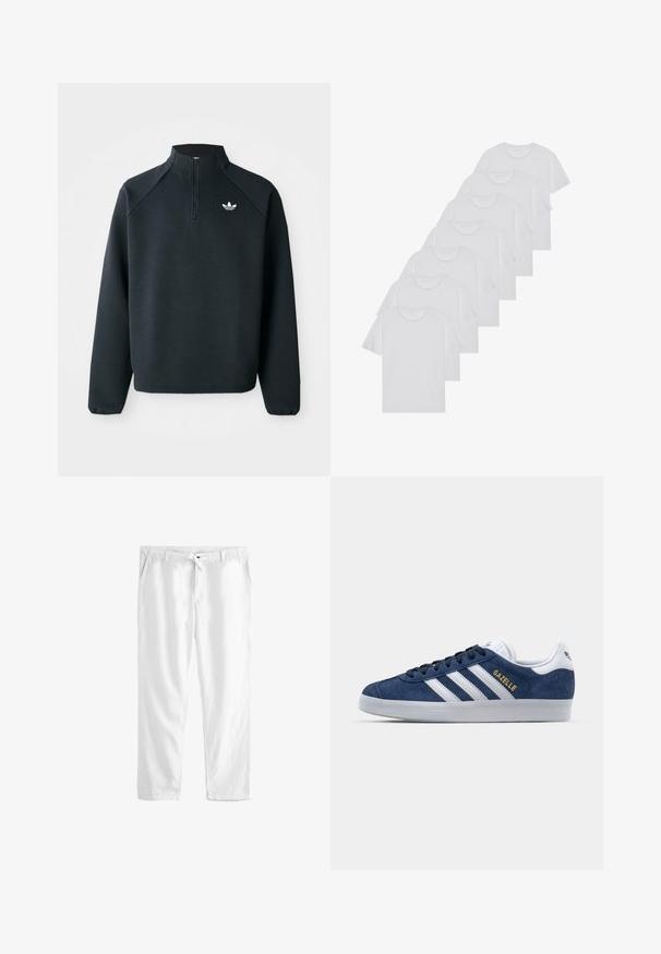 Felpa nera a mezza zip realizzata in tessuto morbido, con maniche raglan e logo bianco sul petto. I polsini sono elasticizzati.; T-shirt bianchi in cotone, maniche corte, design a collo tondo, texture liscia, impilati in fila, con un sottile marchio all'altezza del collo.; Pantaloni bianchi in lino con vita regolabile, due tasche laterali e una vestibilità ampia. Texture liscia e design a gamba dritta.; Sneakers in suede blu navy con dettagli in pelle bianca, tre strisce bianche e logo dorato "Gazelle". Suola in gomma rotonda, design low-top.