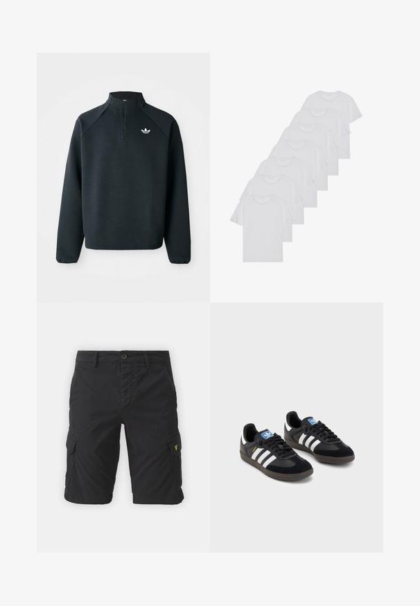 Felpa nera a mezza zip realizzata in tessuto morbido, con maniche raglan e logo bianco sul petto. I polsini sono elasticizzati.; T-shirt bianchi in cotone, maniche corte, design a collo tondo, texture liscia, impilati in fila, con un sottile marchio all'altezza del collo.; Pantaloni cargo neri realizzati in misto cotone, dotati di tasche laterali, chiusura con bottone e un piccolo logo giallo sulla tasca sinistra.; Sneakers neri con tomaia in suede e materiale sintetico, caratterizzati da tre strisce bianche, suola in gomma testurizzata e etichetta blu sul linguetta.