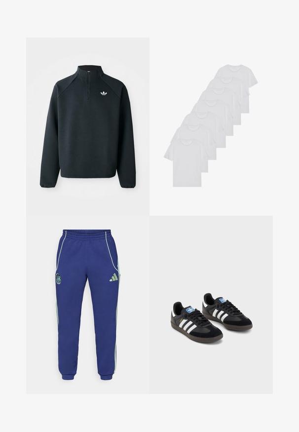 Black quarter-zip sweatshirt made of soft fabric, featuring raglan sleeves and white logo on the chest. Cuffs are elasticized.; White cotton T-shirts, short sleeves, crew neck design, plain texture, stacked in a row, with subtle branding at the neckline.; Navy blue sweatpants with green accents. Features an elastic waistband, side pockets, and embroidered logo on the left leg. Soft fabric.; Black sneakers with a suede and synthetic upper, featuring three white stripes, textured rubber sole, and blue logo tag on the tongue.