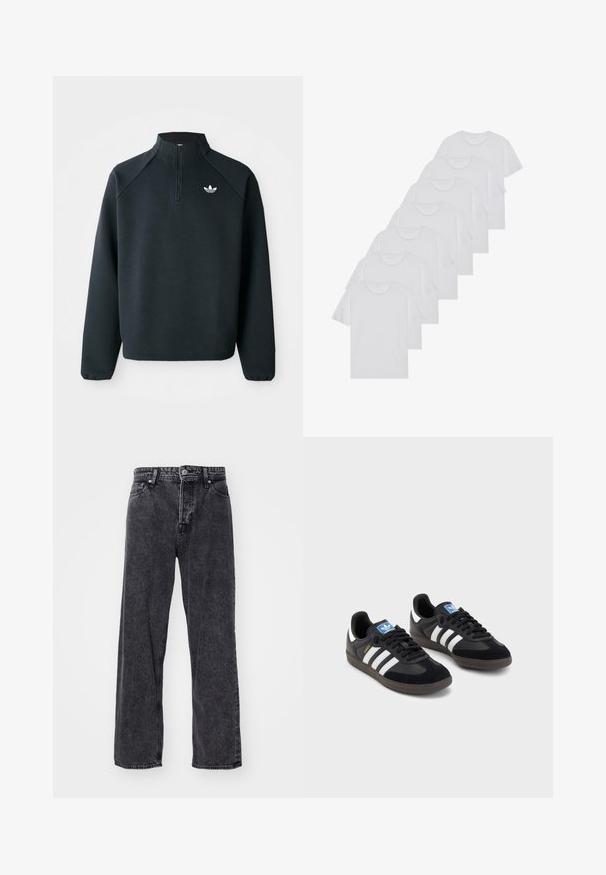 Must värvi neljandiku tõmblukuga jakke, mis on valmistatud pehmest kangast, raganlasleevidega ja valge logoga rinnal. Varrukate äärised on elastsed.; Valge puuvillane T-särk, lühikeste varrukatega, ümar neel, ühtlane tekstuur, reastatud kuhjale, kaeluses peene brändinguga.; Jack & Jones JJIALEX JJORIGINAL - Baggy fit teksad - black denim; Mustad tossud, mille pealseks on seemisnahk ja sünteetilised materjalid, kolme valge triibuga, tekstureeritud kummitald ja sinine logo silt keele peal.