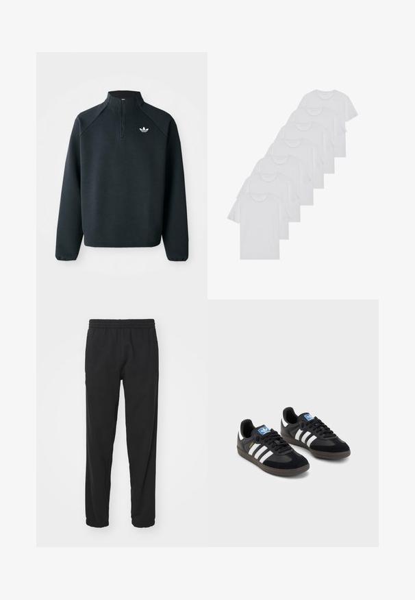 Svart kvartdraget sweatshirt i mjukt tyg, med raglanärmar och vitt logo på bröstet. Ärmarna har elastiska muddar.; Vita bomull T-shirts, korta ärmar, rundad halsdesign, slät textur, staplade i en rad, med subtil branding vid halsringningen.; Svarta lätta joggerbyxor med elastisk midja, avsmalnande ben, rynkade manschetter och sidofickor för ökad funktionalitet.; Svarta sneakers med övre del av mocka och syntetmaterial, med tre vita ränder, texturerad gummisula och blå logotags på tungan.
