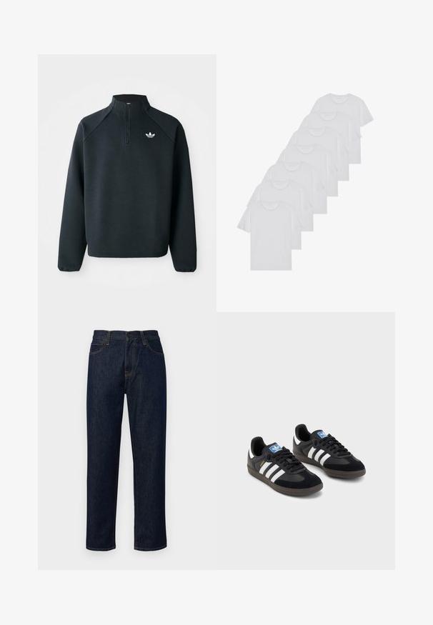 Juodas ketvirčio užtrauktuko megztinis, pagamintas iš minkštos medžiagos, su raglaniniu rankovėmis ir baltu logotipu ant krūtinės. Rankogaliai yra elastiniai.; Baltos medvilninės marškinėliai, trumpomis rankovėmis, apvaliu kaklu, lygia tekstūra, sušluoti į eilę, su subtiliu prekės ženklu ant kaklo.; Tamsiai mėlyni džinsai, pagaminti iš džinsinio audinio, su tiesiomis kojomis, vidutinio aukščio liemeniu, oranžine siūle ir klasikinio penkių kišenių dizainu.; Juodi sportiniai bateliai su zomšos ir sintetine viršutine dalimi, turintys tris baltas juosteles, tekstūruotą gumos pado paviršių ir mėlyną logotipo etiketę ant liežuvėlio.