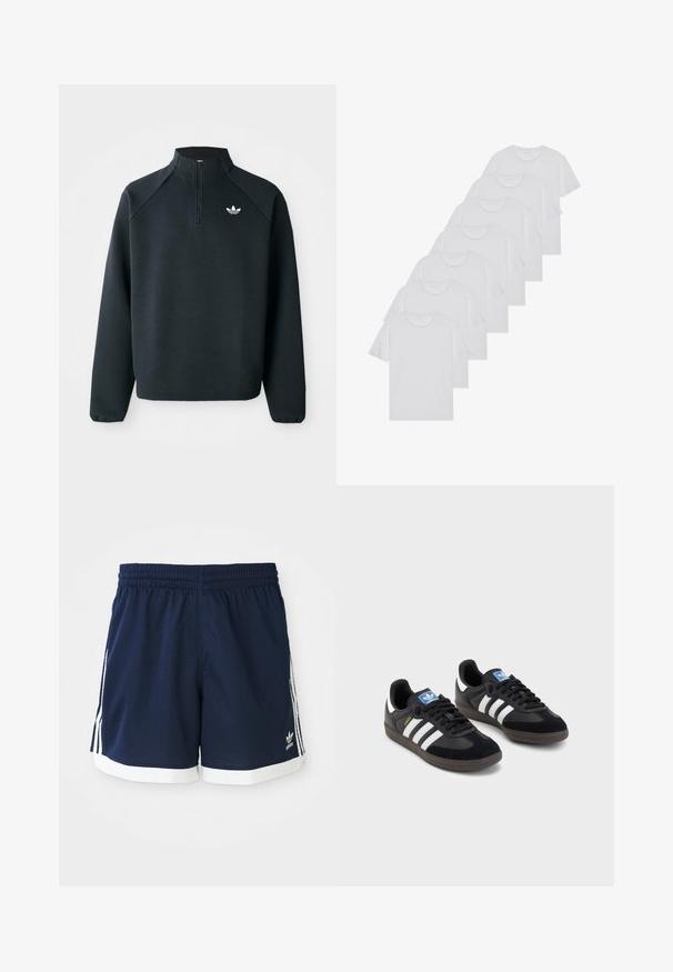 Černá mikina s krátkým zipem vyrobená z měkké tkaniny, s raglánovými rukávy a bílým logem na hrudi. Rukávy mají elastické manžety.; Bílé bavlněné trička s krátkým rukávem, design s kulatým výstřihem, jednobarevná textura, naskládána do řady, s jemným brandingem na výstřihu.; Námořnické modré sportovní kraťasy Adidas s bílým lemováním a třemi bílými pruhy na každé straně, s elastickým pasem.; Černé tenisky s vrškem z semiše a syntetického materiálu, s třemi bílými pruhy, texturovanou gumovou podrážkou a modrou nášivkou loga na jazyku.