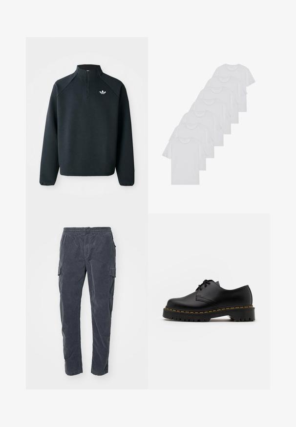Čierna mikina so štvrťovým zipsom vyrobená z mäkkej tkaniny, s raglánovými rukávmi a bielym logom na hrudi. Rukávy sú elastické.; Biele bavlnené trička, krátke rukávy, dizajn s okrúhlym výstrihom, hladká textúra, naskladané v rade, so subtilným brandingom na výstrihu.; Tmavošedé cargo nohavice s elastickým pásom, bočnými vreckami a mäkkou, textúrovanou tkaninou. Rovný strih s minimálnym zdobením.; Čierna kožená šnurovacia topánka s okrúhlou špičkou, štruktúrovanou gumovou podrážkou a žltým prešitím okolo základne. Plný dizajn a hladký povrch.