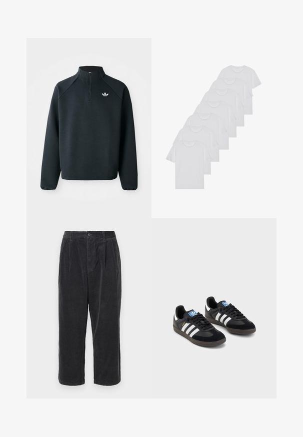 Zwarte kwart-zip sweatshirt gemaakt van zachte stof, met raglanmouwen en een wit logo op de borst. De manchet is elastisch.; Witte katoenen T-shirts, korte mouwen, ronde halsontwerp, eenvoudige textuur, gestapeld in een rij, met subtiele branding bij de hals.; Donkergrijze corduroybroek met een losse pasvorm, voorzien van een knoopsluiting, plooien en een cropped lengte, met een ribbelstructuur.; Zwarte sneakers met een bovenwerk van suède en synthetisch materiaal, voorzien van drie witte strepen, een gestructureerde rubberen zool en een blauw logo-label op de tong.