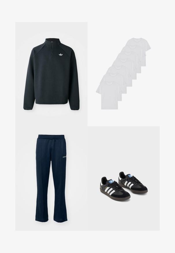 Sweatshirt preto com fecho de correr até ao peito, feito de um tecido suave, com mangas raglan e logótipo branco no peito. As mangas têm punhos elásticos.; T-shirts brancos de algodão, mangas curtas, design de gola redonda, com textura lisa, empilhados em fila, com uma marcação subtil na gola.; Calças de treino azul-escuro com um cós elástico, pernas retas e costuras laterais discretas. Apresenta um pequeno logo branco no quadril esquerdo.; Sneakers pretos com parte superior em camurça e sintético, apresentando três riscas brancas, sola de borracha texturizada e etiqueta azul no linguete.