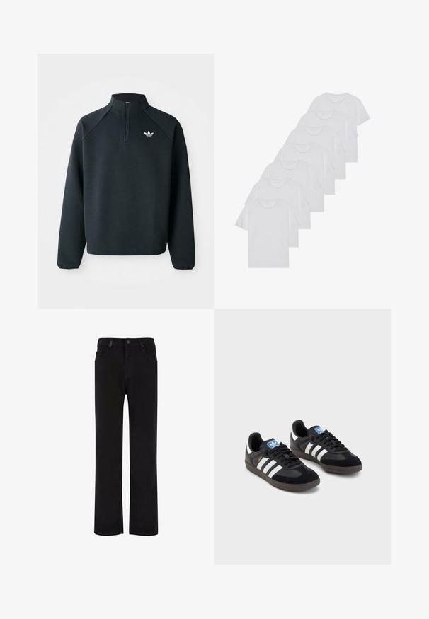 Juodas ketvirčio užtrauktuko megztinis, pagamintas iš minkštos medžiagos, su raglaniniu rankovėmis ir baltu logotipu ant krūtinės. Rankogaliai yra elastiniai.; Baltos medvilninės marškinėliai, trumpomis rankovėmis, apvaliu kaklu, lygia tekstūra, sušluoti į eilę, su subtiliu prekės ženklu ant kaklo.; Juodos džinsinės kelnės su tiesios kojos dizainu, turi mygtuko užsegimą, diržo kilpos ir priekines kišenes. Lygus paviršius ir vienoda spalva.; Juodi sportiniai bateliai su zomšos ir sintetine viršutine dalimi, turintys tris baltas juosteles, tekstūruotą gumos pado paviršių ir mėlyną logotipo etiketę ant liežuvėlio.