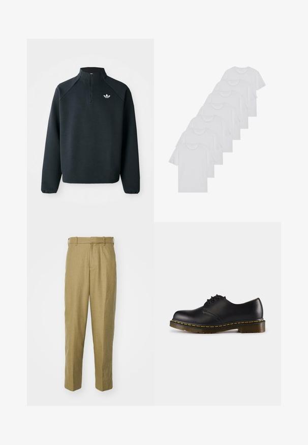 Schwarzer Quarter-Zip-Sweatshirt aus weichem Material, mit Raglanärmeln und einem weißen Logo auf der Brust. Die Bündchen sind elastisch.; Weiße Baumwoll-T-Shirts, kurze Ärmel, Rundhals-Design, schlichte Textur, in einer Reihe gestapelt, mit dezentem Branding am Hals.; Beige Hosen aus strukturiertem Stoff, mit geradem Bein, Gürtelschlaufen und vorderen Falten.; Schwarzer Lederschuh mit abgerundeter Zehenpartie, Schnürdesign, gelbe Stickerei entlang der Sohle und einer kräftigen, strukturierten Gummisohle.