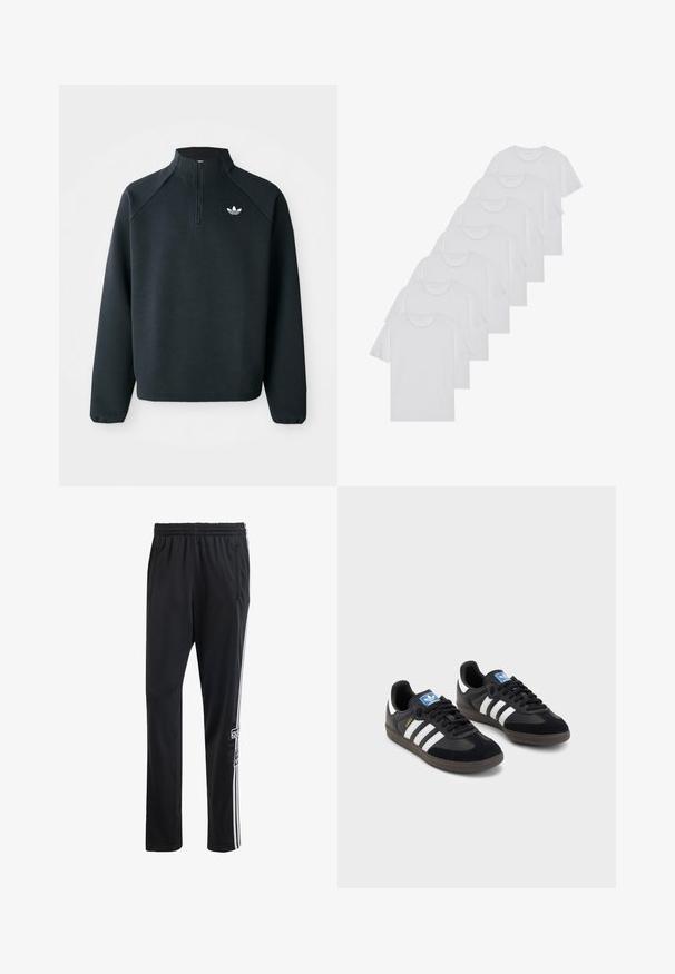 Crni dukserica s četvrtim zatvaračem izrađena od mekog materijala, s raglan rukavima i bijelim logotipom na prsima. Manžetne su elastične.; Bijele pamučne majice, kratki rukavi, dizajn s okruglim izrezom, jednostavne teksture, složene u red, s suptilnim brendiranjem na izrezu.; adidas Originals ADIBREAK - Donji dijelovi trenirke - black; Crne tenisice s gornjim dijelom od antilopa i sintetičkog materijala, s tri bijele pruge, teksturiranom gumenom potplatom i plavom oznakom na jeziku.
