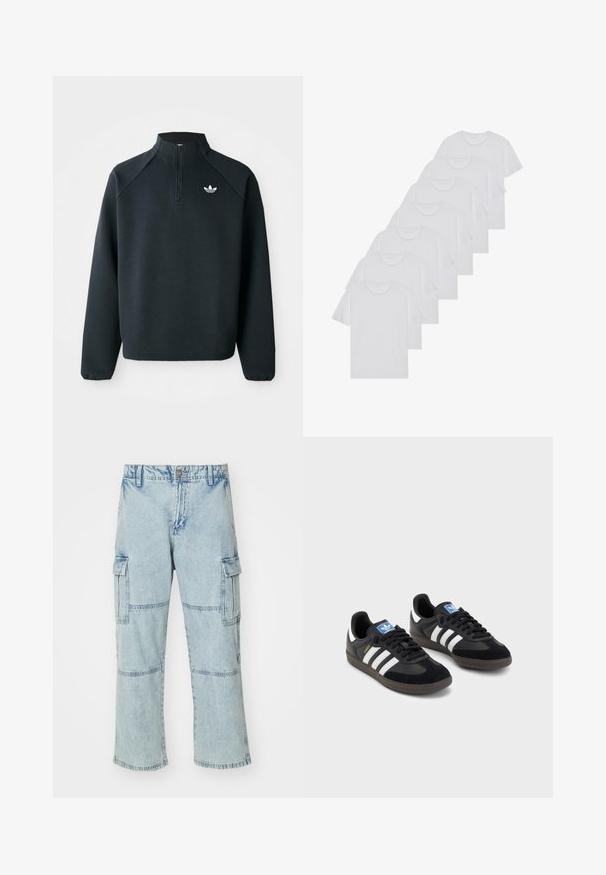 Must värvi neljandiku tõmblukuga jakke, mis on valmistatud pehmest kangast, raganlasleevidega ja valge logoga rinnal. Varrukate äärised on elastsed.; Valge puuvillane T-särk, lühikeste varrukatega, ümar neel, ühtlane tekstuur, reastatud kuhjale, kaeluses peene brändinguga.; Heledad sinised teksapüksid, millel on lahtine istuvus, kaks külgtaskut ja põlvemaalingud. Omab lukuga säärt ja metallist nupu sulgemist.; Mustad tossud, mille pealseks on seemisnahk ja sünteetilised materjalid, kolme valge triibuga, tekstureeritud kummitald ja sinine logo silt keele peal.