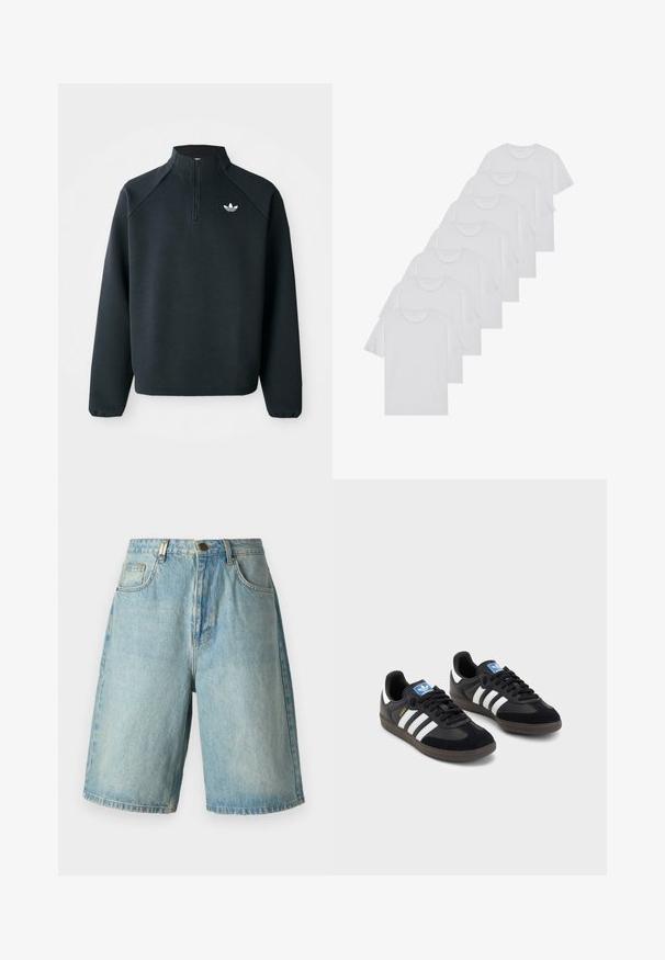 Felpa nera a mezza zip realizzata in tessuto morbido, con maniche raglan e logo bianco sul petto. I polsini sono elasticizzati.; T-shirt bianchi in cotone, maniche corte, design a collo tondo, texture liscia, impilati in fila, con un sottile marchio all'altezza del collo.; Shorts in denim azzurro chiaro con vestibilità comoda, dotati di tasche frontali, chiusura con bottone e lavaggio sbiadito con dettagli di leggere sfumature.; Sneakers neri con tomaia in suede e materiale sintetico, caratterizzati da tre strisce bianche, suola in gomma testurizzata e etichetta blu sul linguetta.
