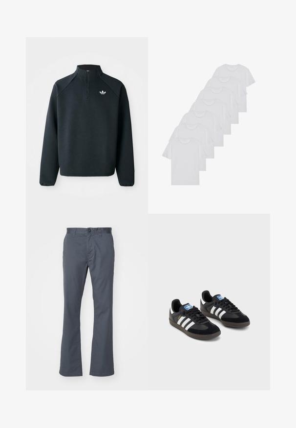 Černá mikina s krátkým zipem vyrobená z měkké tkaniny, s raglánovými rukávy a bílým logem na hrudi. Rukávy mají elastické manžety.; Bílé bavlněné trička s krátkým rukávem, design s kulatým výstřihem, jednobarevná textura, naskládána do řady, s jemným brandingem na výstřihu.; Tmavě šedé kalhoty rovného střihu vyrobené z bavlněné směsi, s předním zapínáním na knoflík, poutky na opasek a standardními kapsami. Hladká textura.; Černé tenisky s vrškem z semiše a syntetického materiálu, s třemi bílými pruhy, texturovanou gumovou podrážkou a modrou nášivkou loga na jazyku.