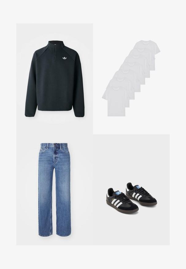 Sudadera negra con cremallera en el cuello hecha de tela suave, con mangas raglán y logo blanco en el pecho. Los puños son elásticos.; Camisetas de algodón blancas, de manga corta, con diseño de cuello redondo, textura lisa, apiladas en una fila, con un sutil logo en el cuello.; Calvin Klein Jeans 90'S STRAIGHT - Vaqueros rectos - tinted stone; Zapatillas negras con un upper de ante y sintético, con tres rayas blancas, suela de goma texturizada y etiqueta de logo azul en la lengüeta.