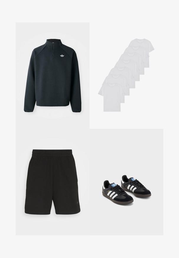 Sweatshirt preto com fecho de correr até ao peito, feito de um tecido suave, com mangas raglan e logótipo branco no peito. As mangas têm punhos elásticos.; T-shirts brancos de algodão, mangas curtas, design de gola redonda, com textura lisa, empilhados em fila, com uma marcação subtil na gola.; Calções de desporto pretos com um tecido texturizado, cinto elástico e dois bolsos laterais, apresentando uma marcação mínima na parte inferior da perna.; Sneakers pretos com parte superior em camurça e sintético, apresentando três riscas brancas, sola de borracha texturizada e etiqueta azul no linguete.
