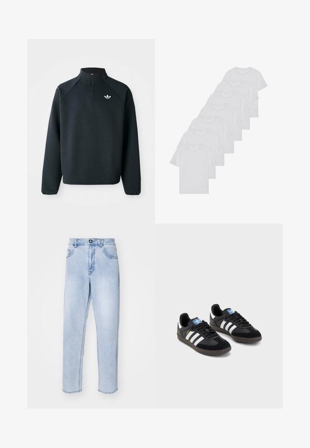 Černá mikina s krátkým zipem vyrobená z měkké tkaniny, s raglánovými rukávy a bílým logem na hrudi. Rukávy mají elastické manžety.; Bílé bavlněné trička s krátkým rukávem, design s kulatým výstřihem, jednobarevná textura, naskládána do řady, s jemným brandingem na výstřihu.; Světle modré denimové džíny v přímém střihu, s knoflíkovým zapínáním, bočními kapsami a čistým lemem bez ozdob.; Černé tenisky s vrškem z semiše a syntetického materiálu, s třemi bílými pruhy, texturovanou gumovou podrážkou a modrou nášivkou loga na jazyku.