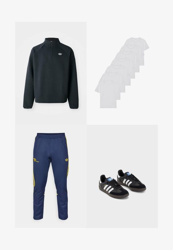 Czarna bluza z zipem do połowy wykonana z miękkiego materiału, z rękawami raglanowymi i białym logo na piersi. Rękawy są elastyczne.; Białe bawełniane koszulki, krótki rękaw, design z okrągłym dekoltem, gładka faktura, ułożone w rzędzie, z subtelnym logo przy dekolcie.; adidas Performance AFC granatowy; Czarne sneakersy z zamszową i syntetyczną cholewką, wyposażone w trzy białe paski, teksturowaną gumową podeszwę oraz niebieską metkę z logo na języku.