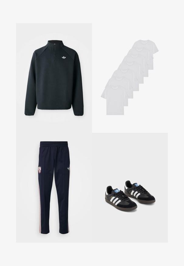 Black quarter-zip sweatshirt made of soft fabric, featuring raglan sleeves and white logo on the chest. Cuffs are elasticized.; White cotton T-shirts, short sleeves, crew neck design, plain texture, stacked in a row, with subtle branding at the neckline.; adidas Originals ARSENAL LONDON OG BECKENBAUER TRACKPANT - Club wear - legend ink; Black sneakers with a suede and synthetic upper, featuring three white stripes, textured rubber sole, and blue logo tag on the tongue.
