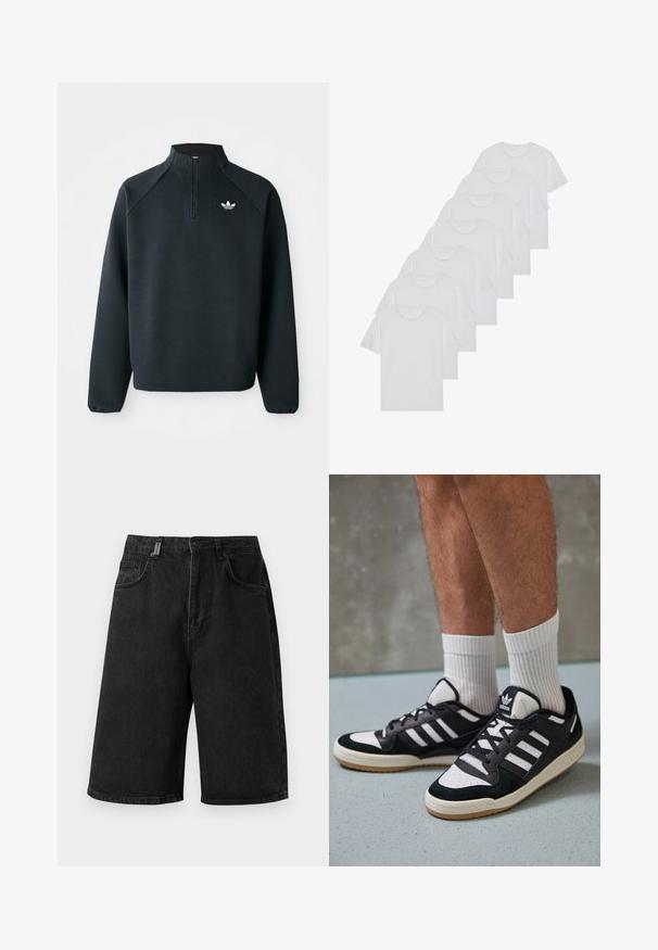 Zwarte kwart-zip sweatshirt gemaakt van zachte stof, met raglanmouwen en een wit logo op de borst. De manchet is elastisch.; Witte katoenen T-shirts, korte mouwen, ronde halsontwerp, eenvoudige textuur, gestapeld in een rij, met subtiele branding bij de hals.; Zwarte denimshorts met een losse pasvorm, middelhoge taille, vijf zakken en lussen voor een riem. De stof heeft een gladde textuur en subtiele stikseldetails.; Zwart-witte sneakers met een bovenwerk van suede en leer, voorzien van drie witte strepen, een geperforeerde neus en een rubberen gumzool.
