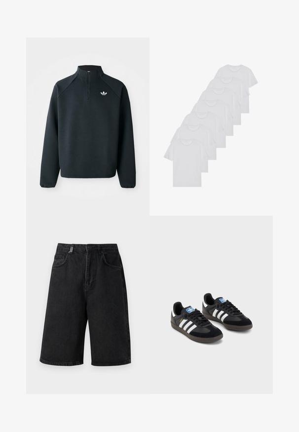 Felpa nera a mezza zip realizzata in tessuto morbido, con maniche raglan e logo bianco sul petto. I polsini sono elasticizzati.; T-shirt bianchi in cotone, maniche corte, design a collo tondo, texture liscia, impilati in fila, con un sottile marchio all'altezza del collo.; Pantaloni shorts in denim nero con una vestibilità ampia, vita media, cinque tasche e passanti per cintura. Il tessuto ha una texture liscia e dettagli di cucitura sottili.; Sneakers neri con tomaia in suede e materiale sintetico, caratterizzati da tre strisce bianche, suola in gomma testurizzata e etichetta blu sul linguetta.