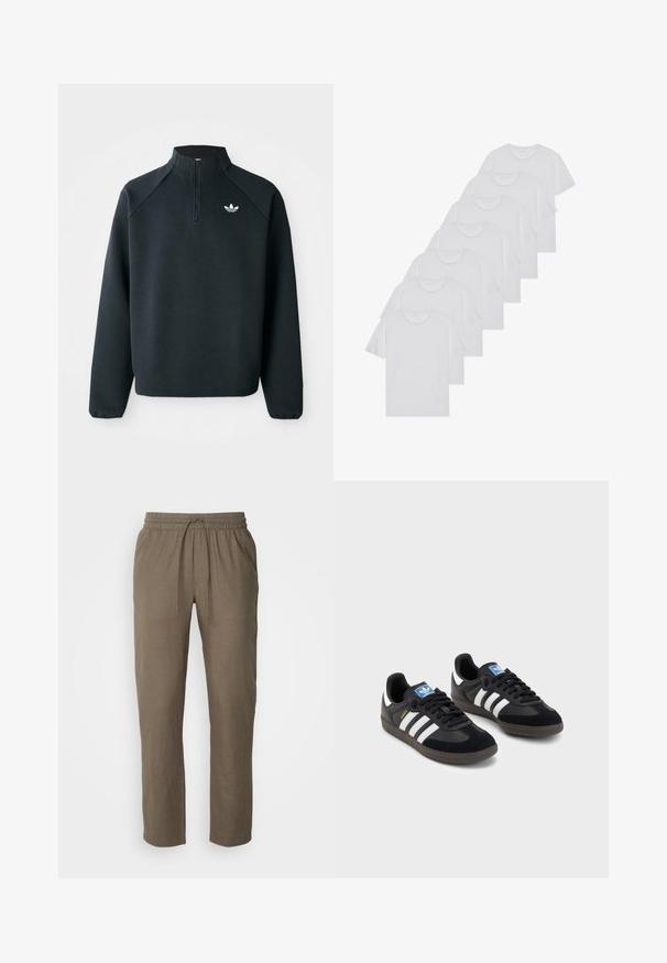 Melna puszipa mīksta auduma krekls ar raglan piedurknēm un balto logotipu uz krūtīm. Piedurknes ir elastīgas.; Baltie kokvilnas T-krekli, īsas piedurknes, apaļas izgriezuma dizains, vienkārša tekstūra, sakrauti rindā, ar smalku zīmolu pie kakla izgriezuma.; Les Deux PATRICK PANTS - Auduma bikses - brown; Melnas sporta apavas ar zamšādas un sintētisku augšdaļu, ar trim baltām svītrām, teksturētu gumijas zoli un zilu logo birku uz mēles.