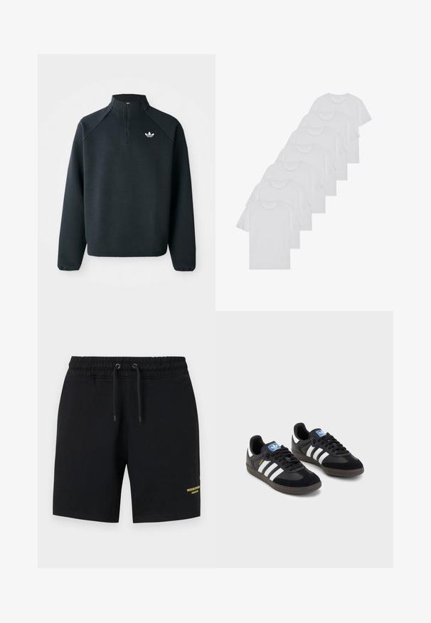 Fekete, negyedcipzáros pulóver, puha anyagból készült, raglán ujjakkal és fehér logóval a mellkason. Az ujjak rugalmasak.; Fehér pamut pólók, rövid ujjúak, kerek nyak kialakítással, sima textúrával, sorba rakva, diszkrét logóval a nyaknál.; Fekete pamut rövidnadrág rugalmas derékpánttal, húzózsinóros részlettel és sárga szöveges díszítéssel a bal alsó lábszáron.; Fekete sportcipők, velúrból és szintetikus anyagból készült felsőrésszel, három fehér csíkkal, textúrázott gumitalppal és kék logó címkével a nyelvén.