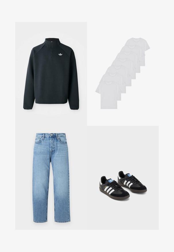 Črna pulover s četrt zadrgo, izdelan iz mehkega blaga, z raglan rokavi in belim logotipom na prsih. Manšete so elastične.; Beli bombažni T-majici, kratki rokavi, krožni izrez, enostavna tekstura, zloženi v vrsto, s subtilnim logotipom na vratu.; Svetlo modri jeans z ravnim nogavicom, visoko pasom, petimi žepi in subtilnim zbledelostjo. Imajo zaponko in zanke za pas.; Črne športne copate z zgornjim delom iz semiša in sintetičnih materialov, ki imajo tri bele črte, teksturiran gumijast podplat in modro označevalno oznako na jeziku.